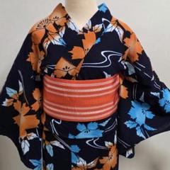 レトロ☆オレンジと青の花柄浴衣 - メルカリ