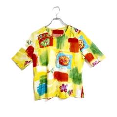 美品 半袖シャツ 総柄 フルーツ柄 イエロー系 Fサイズ 春夏 爽やか おしゃれ