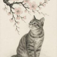 【期間限定価格‼️】水墨画風・桜と猫｜淡紅彩・A3パネル和風アート 期間限定価格‼️】水墨画風・桜と猫｜淡紅彩・A3パネル和風