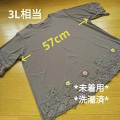 《未着用・3L相当》半袖チュニック レース装飾 花モチーフ グレージュ ミセス