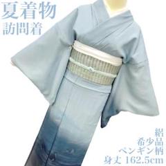 【8994】希少 夏着物 訪問着 絽 ペンギン 南極 藍白 ~167.5cm
