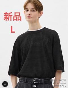 GU メッシュテクスチャークルーネックT 5分袖 T ブラック L