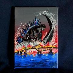 ゴジラ橋を破壊するゴジラ　アクリル画　SMサイズ（15.8×22.7cm）