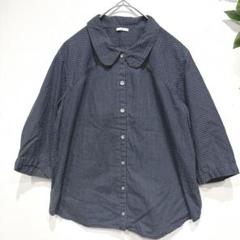 ブラウス　綿100% 七分袖 ドット 丸襟　レトロ　ナチュラル　コットン　紺　S
