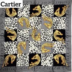 ★Cartier★ スカーフ レオパード ヒョウ ロゴ チェック シルク グレー