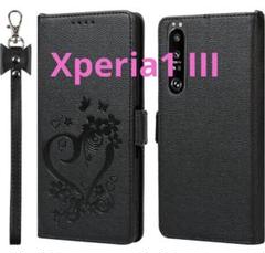 Sony Xperia1 III ケース 手帳型 ハート柄 ブラック