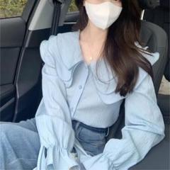 ブラウス　L　長袖　水色 襟　ぽわん袖 おしゃれ 韓国