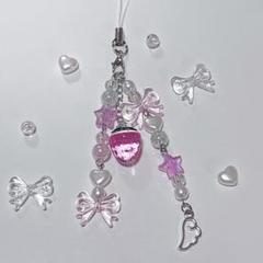 ハンドメイド いちごリボン ビーズストラップ