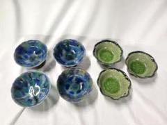 手造り★青と緑の花形陶器小鉢7個セット
