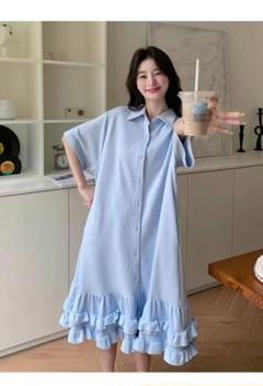 ブルー 清新 デートワンピース 切り替え オシャレデザイン ボタン 可愛い