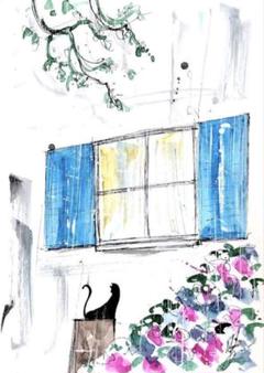原画#3235 黒猫　雨　パリ　窓　絵画　水彩画　ドローイング　インテリア　花 原画#3235 黒猫 雨 パリ 窓 絵画 水彩画 ドローイング