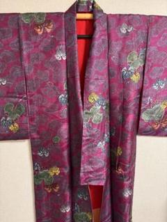 綸子 小紋 レトロ やわらかもの 花籠 花唐草文様 地模様に芝