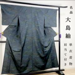 ZY-663 単衣 大島紬 小紋 広衿 正絹 肩当て付き 紺 緑 名品