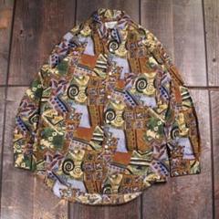 古着　総柄　長袖シャツ　綿　M アートペイント柄　カーキ　９０s 派手柄