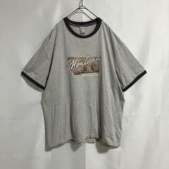 【リンガーTシャツ/プリント擦れ】コットンXL/グレー×ネイビー/傷リペア/古着
