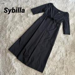 Sybilla 上品光沢ワンピース ブラック フレア ロングワンピース