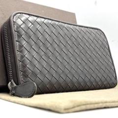 美品　ボッテガヴェネタ　長財布　イントレチャート　レザー　ダークブラウン BOTTEGA VENETA ボッテガ・ヴェネタ イントレチャートラウンド