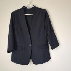 夏ジャケットネイビー ノーカラー 七分袖