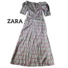 ［美品］ZARA ザラ チェック柄 パフスリーブワンピース サイズS ロング丈