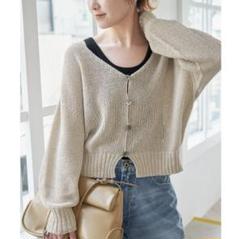 【美品】スピックアンドスパン ペーパーヤーンカーディガン Vネック　ベージュ Spick&Span》ペーパーヤーンVネックカーディガン ベージュ 日本