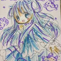 新作。訳あり手描きイラスト。中色紙。ふぐ（魚）と女の子