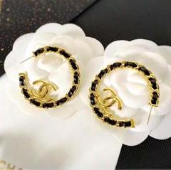 CHANEL シャネル ピアス ココマーク チェーン フープ ゴールド×ブラックのサムネイル