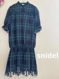 snidelスナイデル　チェック柄ウエストゴム刺繍ワンピースF グリーン