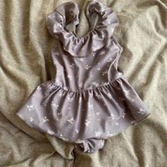 女の子 水着 90cm グレー 花柄