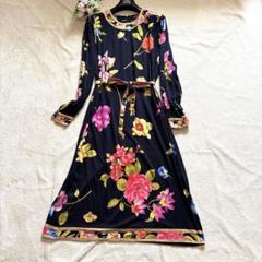 LEONARD　レオナール　長袖ワンピース　花柄プリント　ロング丈　金ボタン LEONARD レオナール 長袖ワンピース サイズLL ブラック/マルチ