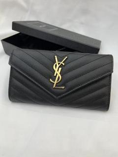 高級✨イヴ・サンローラン　長財布　黒　カサンドラ　ゴールドロゴ 希少】 サンローラン 長財布 クロコ カサンドラ YSLロゴ レザー 黒