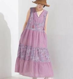 新品✨OMNES インド綿ワンピース 花柄 ノースリーブ ヌキテパ風 パープル