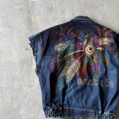 【雰囲気系、背面バック刺繍、内ペイズリー】サンタフェ古着デニムベストY2K男女