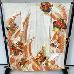 ほぼ美品　振袖　花車文様　金駒刺繍　金彩　縮緬　正絹　辛子色系 平和屋着物○豪華振袖 駒刺繍 絞り 御所車花文 金糸 金彩 正絹