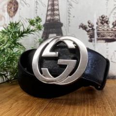 美品⭐グッチ ベルト インターロッキング シルバー GG レザー 黒 812273_AAEBR_1141_001_100_0000