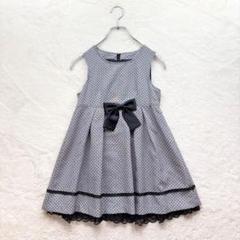 【キャット】130 黒ドット柄 ワンピース ノースリーブ フレア リボン キッズ
