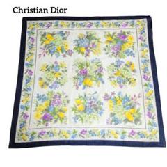Christian Dior スカーフ 97×100 コットン 花 果物 紺 白
