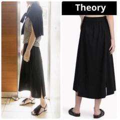 Theory 3.4万円　リネン混 2スリット ストレッチ ギャザースカート 黒