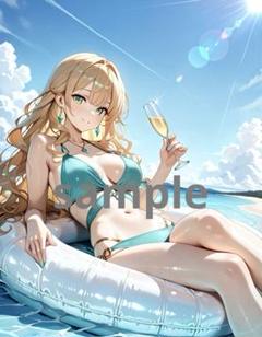 AI美女 アニメイラスト A4ポスター ターコイズのビキニを着た彼女@197