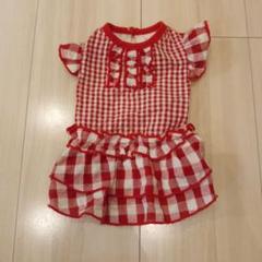 ペット服 赤と白のチェックフリルドレス