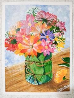 アクリル画　花の絵 テクスチャーアート アクリル画 女性 横顔 フラワー 花の絵 原画