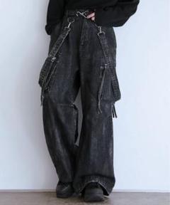 【LILL】ルーズシルエットサスペンダーZIPポケットデニムカーゴパンツ