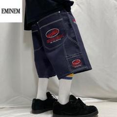 00s EMINEM シャイニーデニム ペインター バギーパンツ 刺繍 ハーフ 00s EMINEM シャイニーデニム ペインター バギーパンツ 刺繍