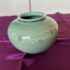 青磁風 花文様 壺 花瓶 インテリア 陶器 貫入模様 飾り壺