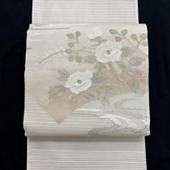 新品☆正絹絽特別仕様夏物仕立上り涼感特選手刺繍手織り工芸涼感白花扇面流水文袋帯