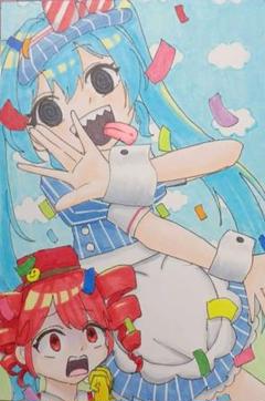 手描きイラスト　メズマライザー　初音ミク　重音テト　ファンアート 手描きイラスト メズマライザー 初音ミク 重音テト ファンアート