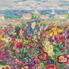レスリー　セイヤ　花畑の中　本人を描いた　１０５／２５０　　シルク　スクリーン レスリー セイヤ 花畑の中 本人を描いた 105／250 シルク