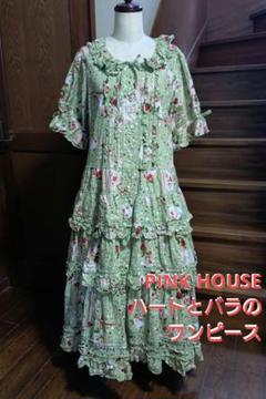 PINKHOUSEミントグリーン バラ柄 半袖ワンピース