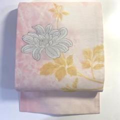 5k1128 名古屋帯　絹　夏帯　夏物　絽　白　ピンク　銀色　ベージュ　花柄