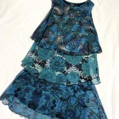 【美品】デシグアルdesigual青系花柄ノースリーブティアードミニワンピース