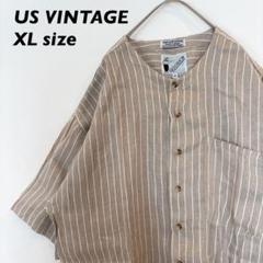 US古着　半袖シャツ　ベースボールシャツ　ストライプ　XLサイズ　リネン混